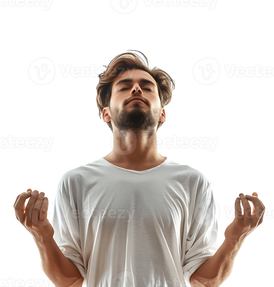 Yoga and meditation concept. Concentrated relaxed man standing meditation on isolated transparent background png