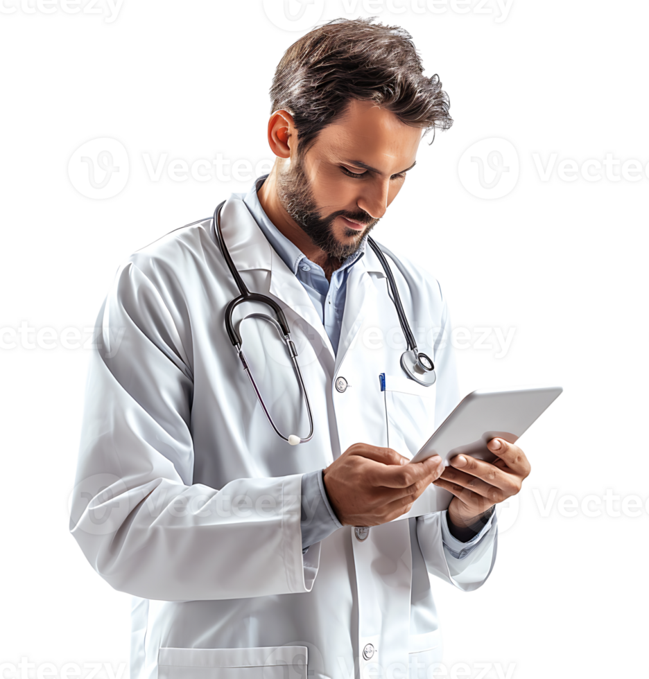 Confident male doctor using smartphone on isolated transparent background png