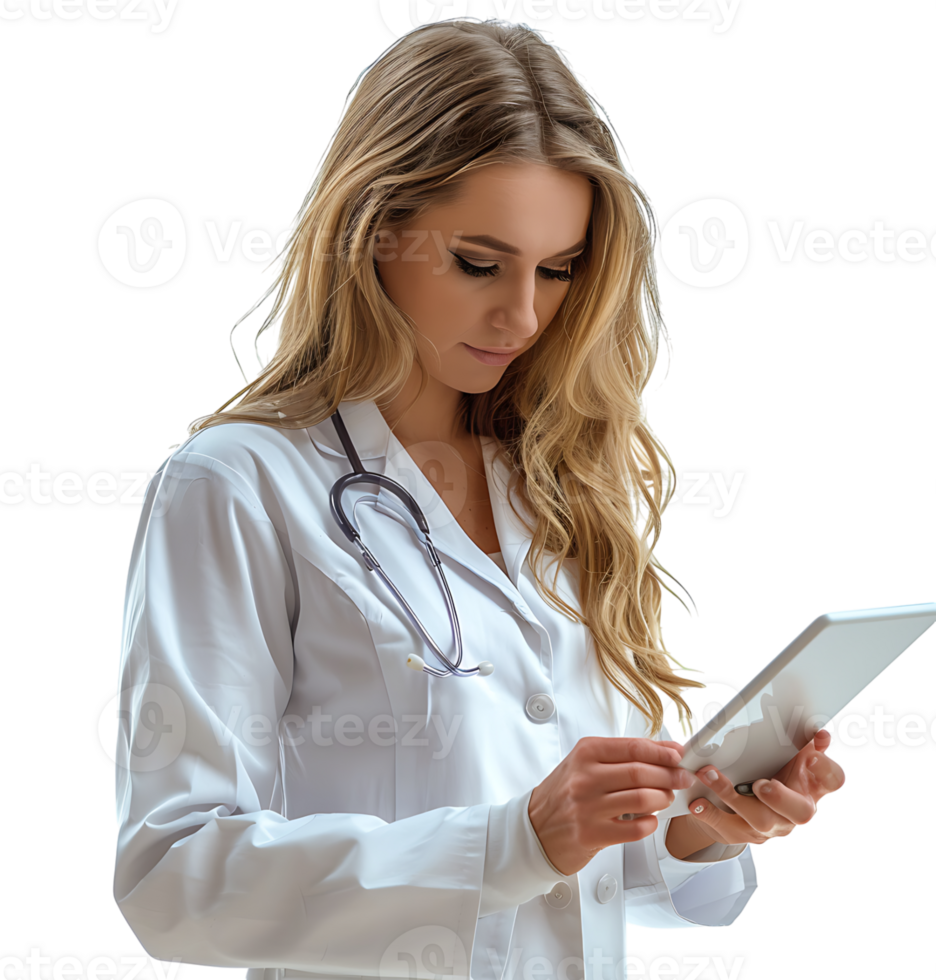 Confident female doctor using smartphone on isolated transparent background png