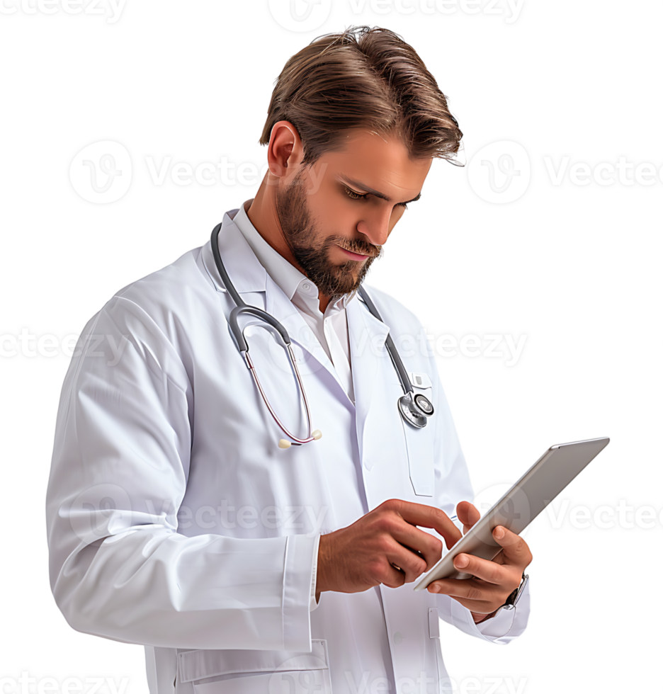 Confident male doctor using smartphone on isolated transparent background png