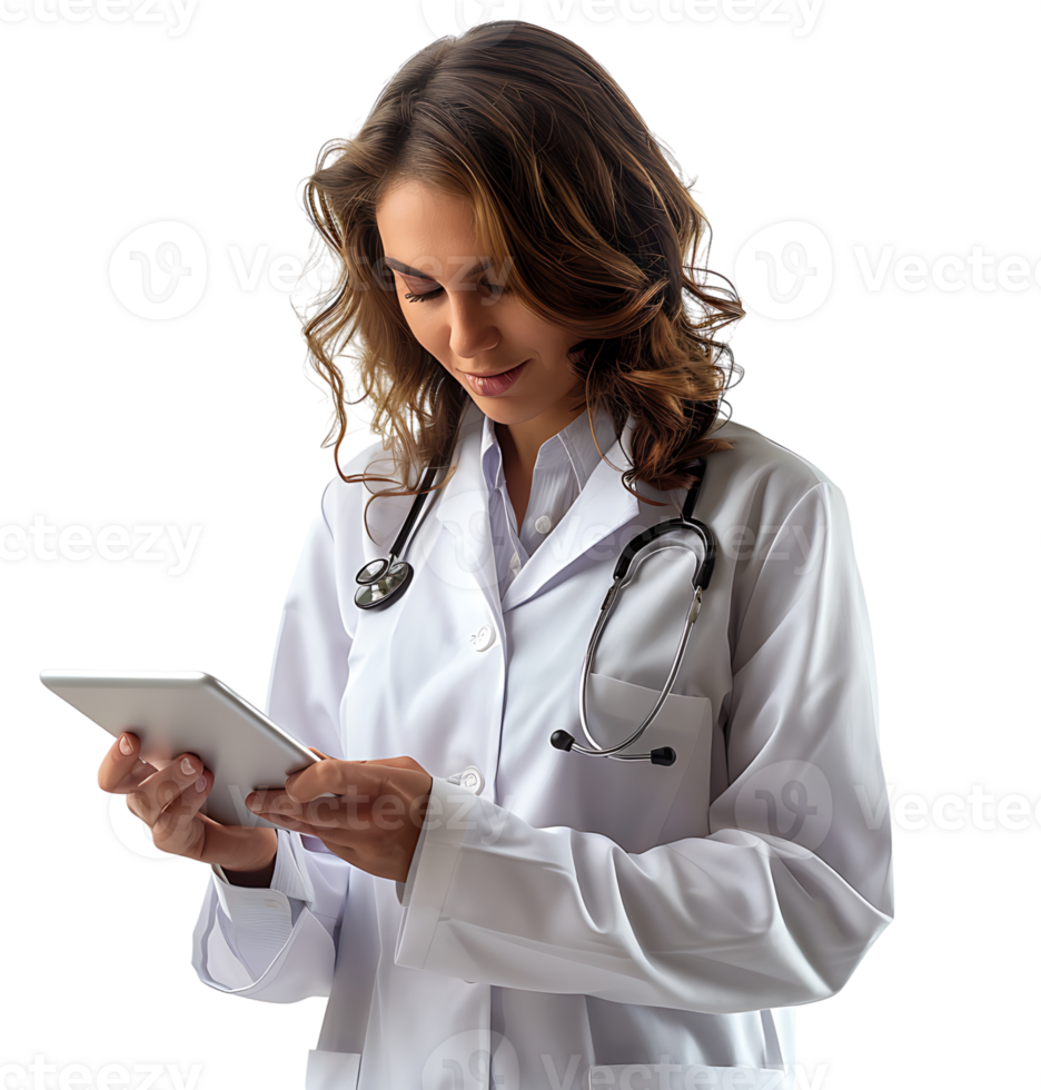 Confident female doctor using smartphone on isolated transparent background png