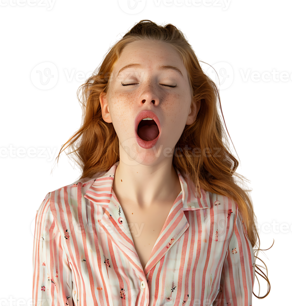 portrait of teenage girl in pyjama shirt and yawning on isolated transparent background png