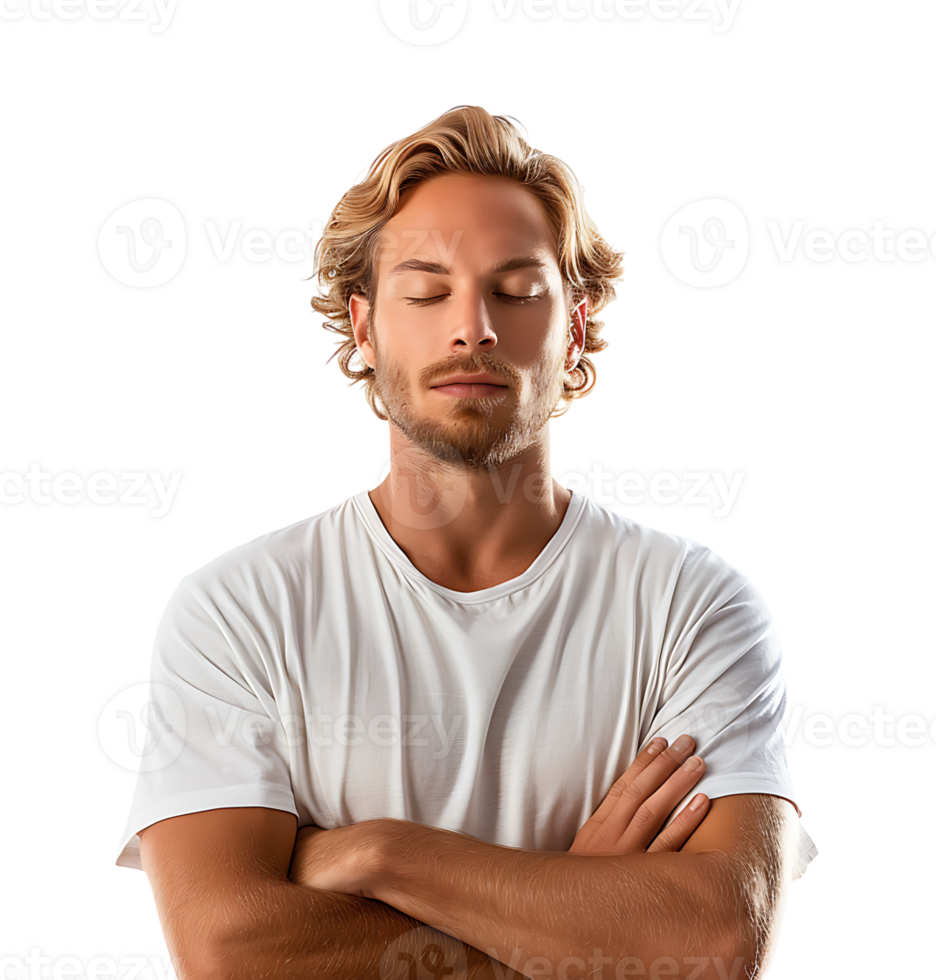 Yoga and meditation concept. Concentrated relaxed man standing meditation on isolated transparent background png