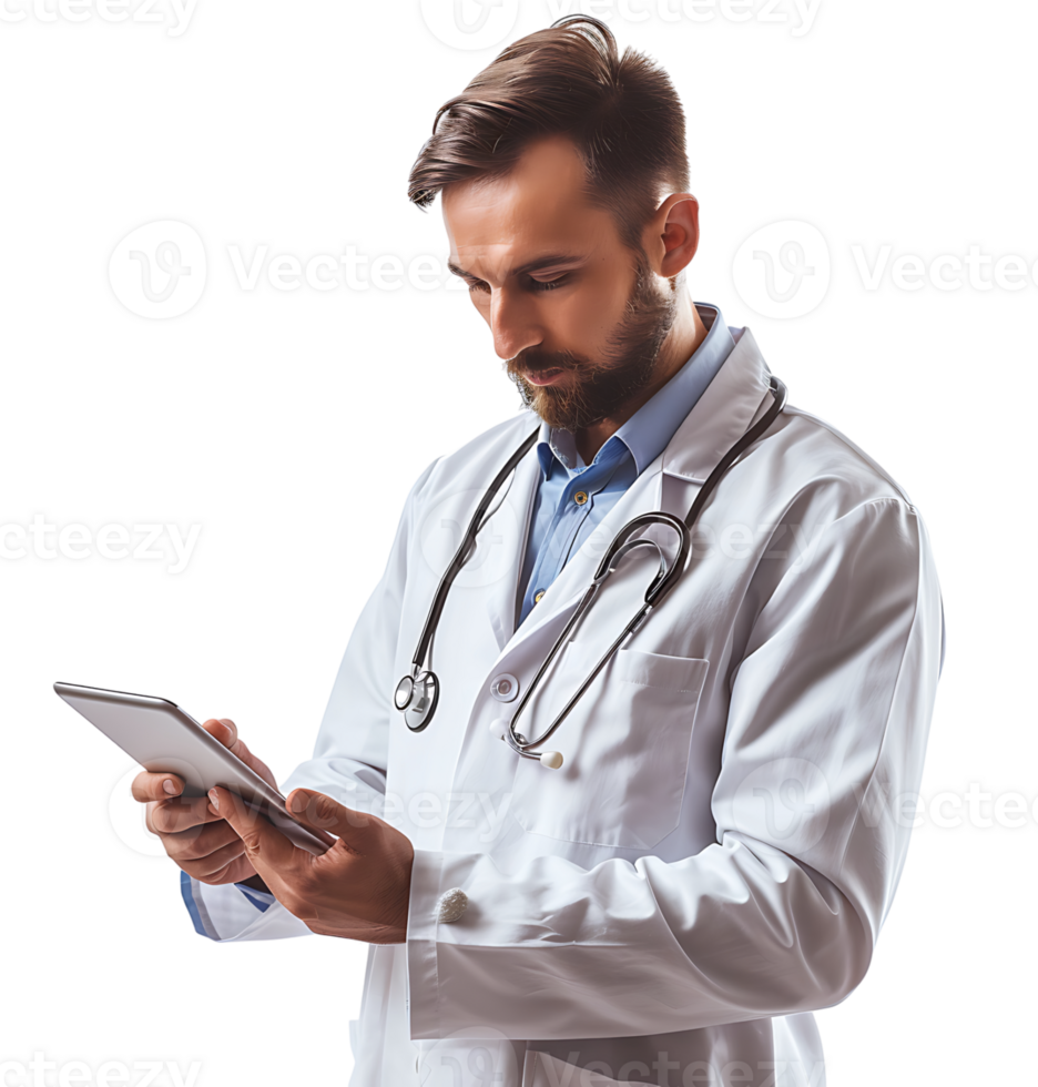 Confident male doctor using smartphone on isolated transparent background png