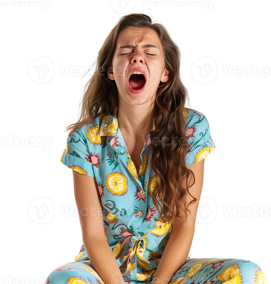 portrait of teenage girl in pyjama shirt and yawning on isolated transparent background png