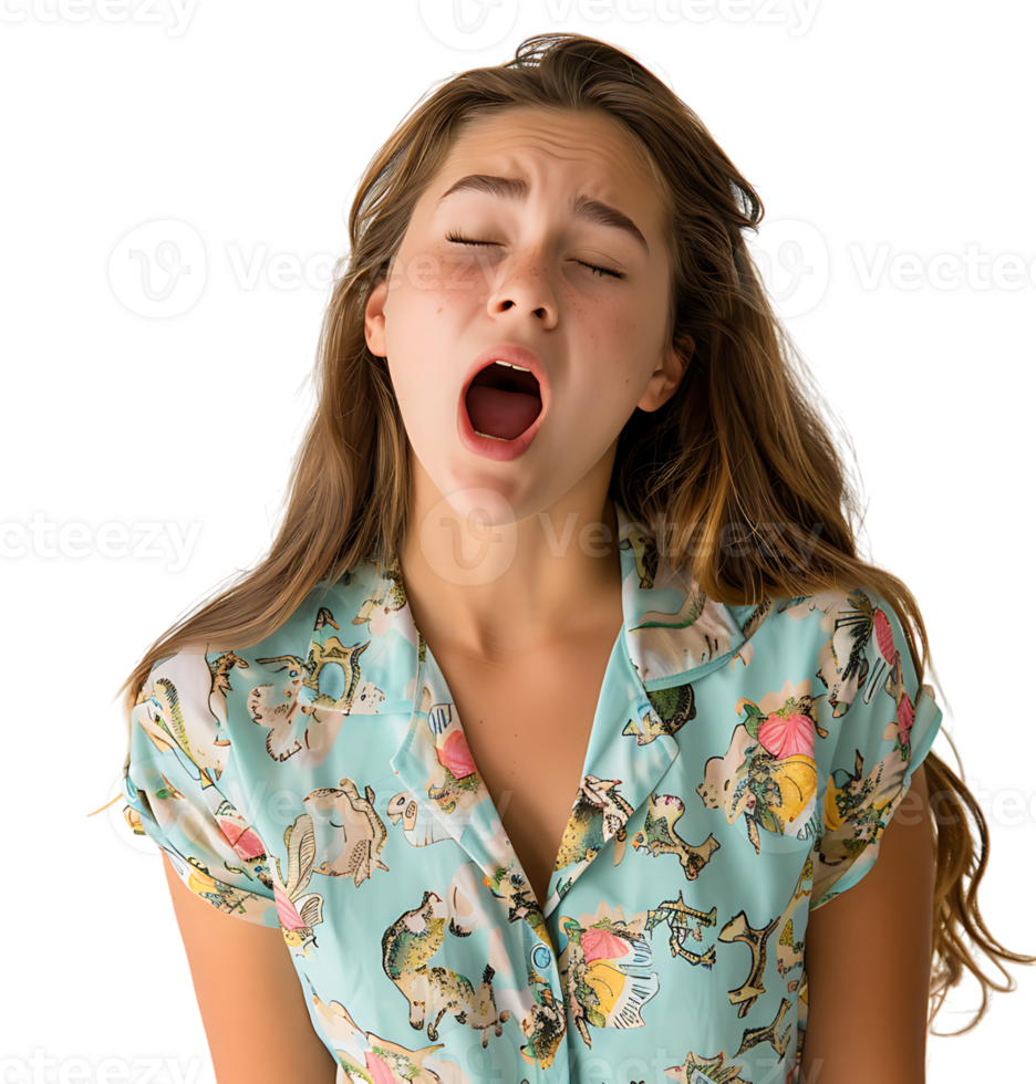 portrait of teenage girl in pyjama shirt and yawning on isolated transparent background png
