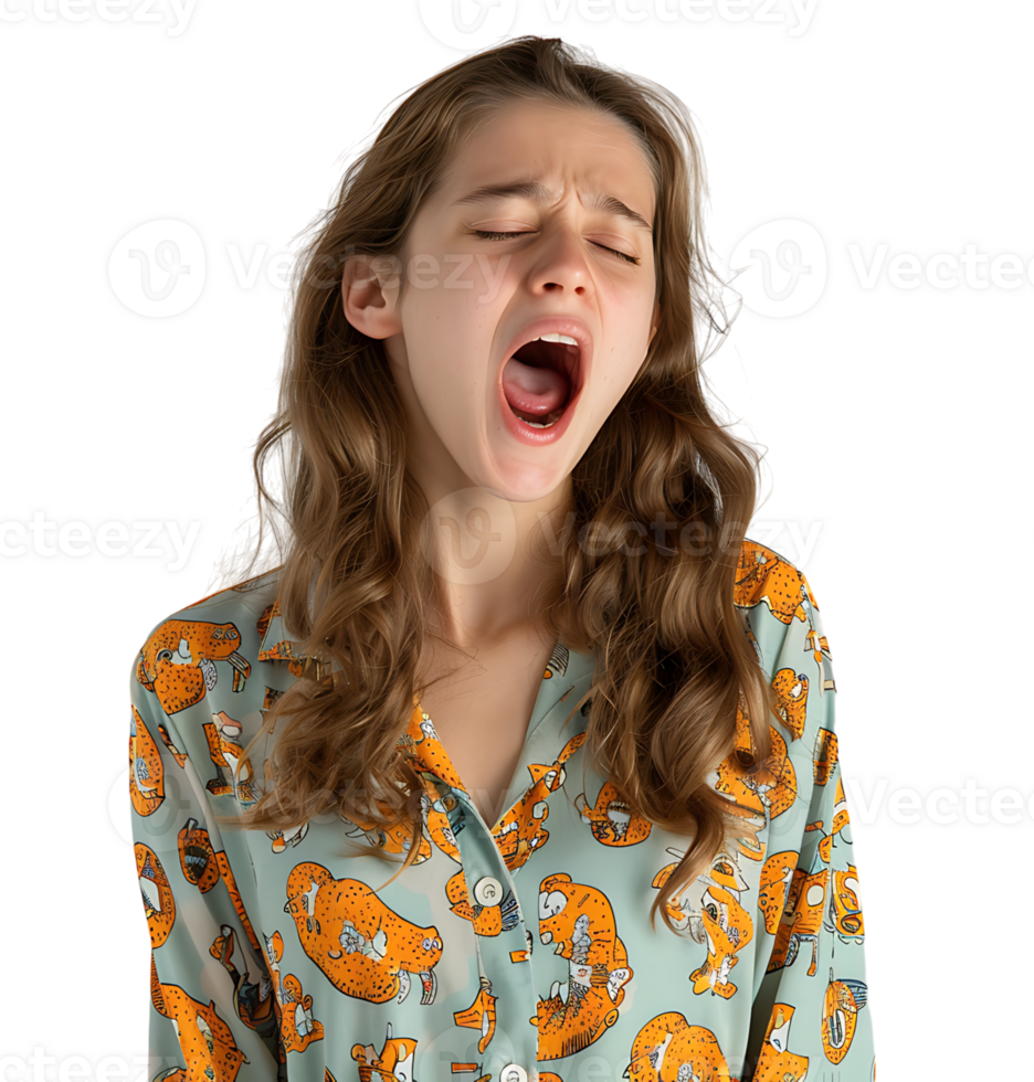 portrait of teenage girl in pyjama shirt and yawning on isolated transparent background png