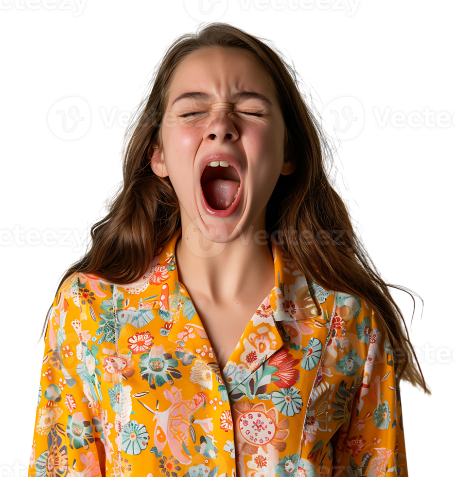 portrait of teenage girl in pyjama shirt and yawning on isolated transparent background png