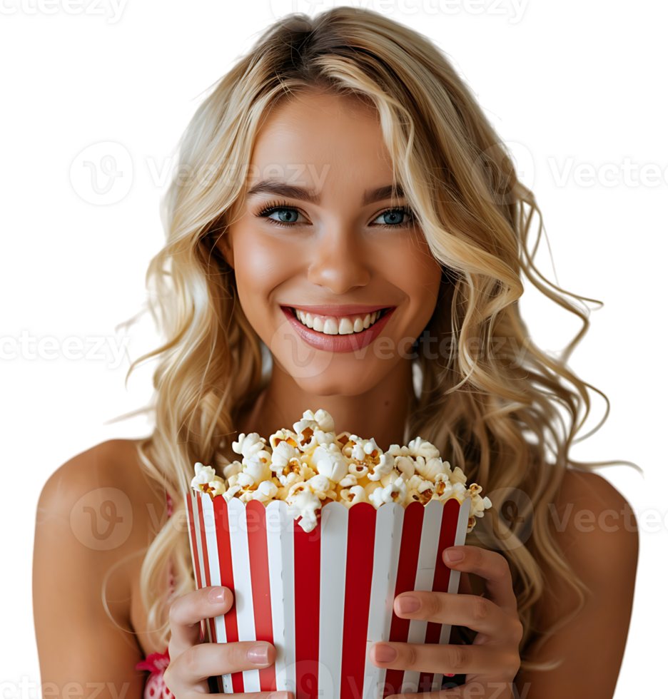 blonde girl holding bucket of popcorn on isolated transparent background png