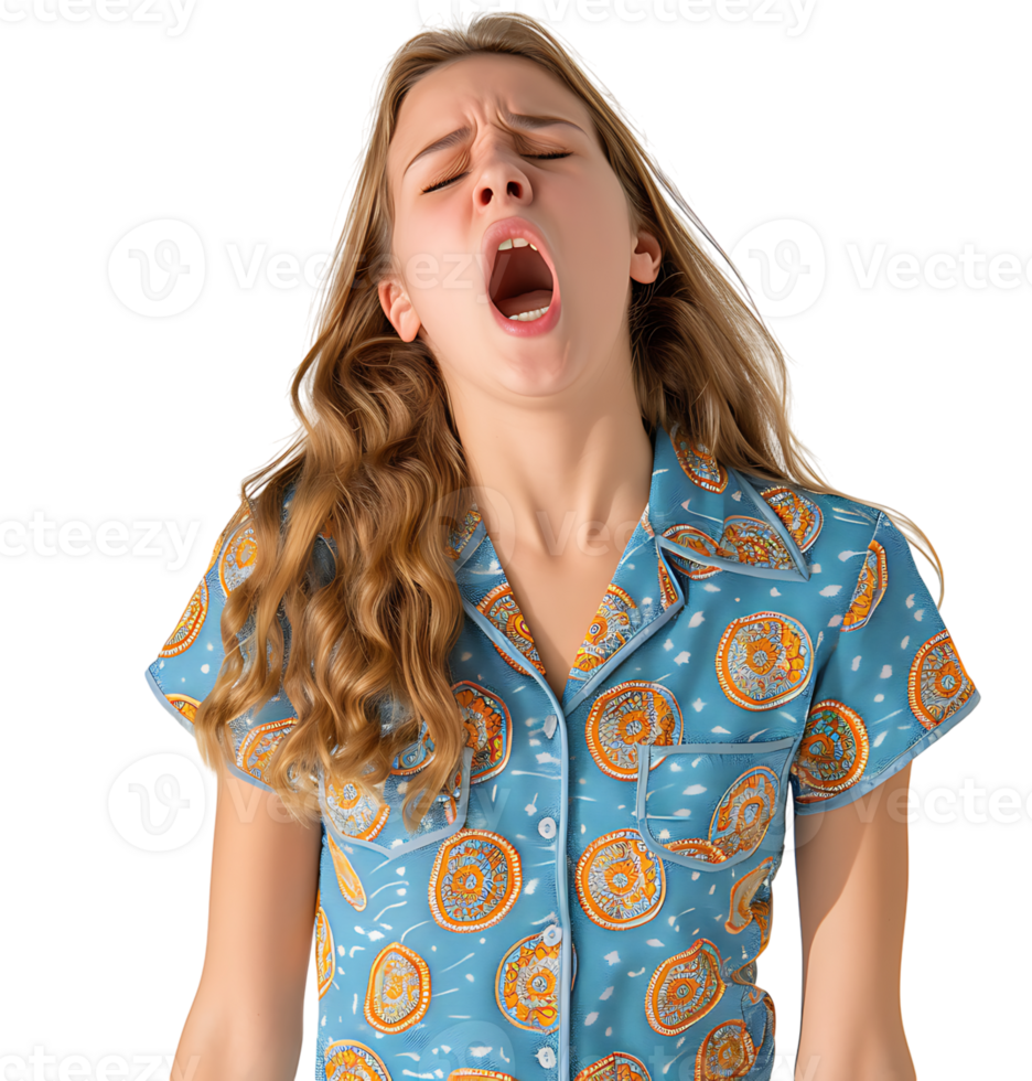 portrait of teenage girl in pyjama shirt and yawning on isolated transparent background png