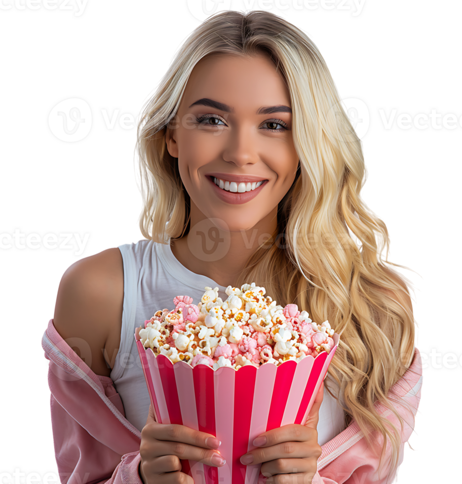 blonde girl holding bucket of popcorn on isolated transparent background png