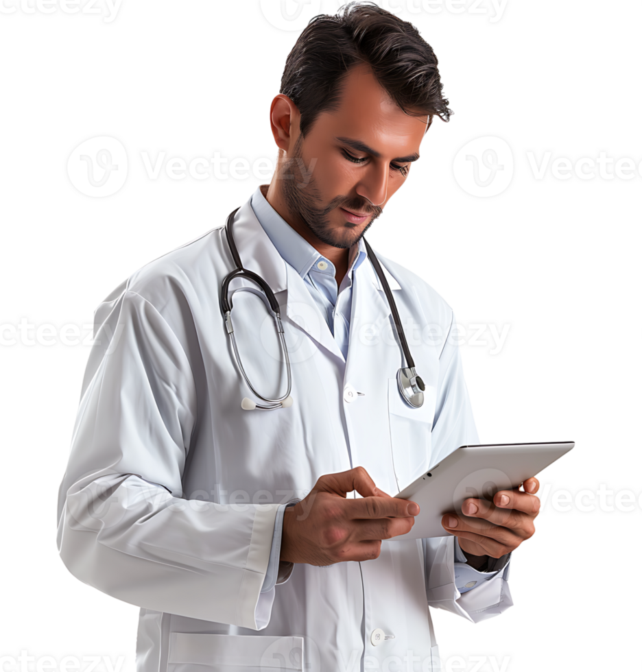 Confident male doctor using smartphone on isolated transparent background png