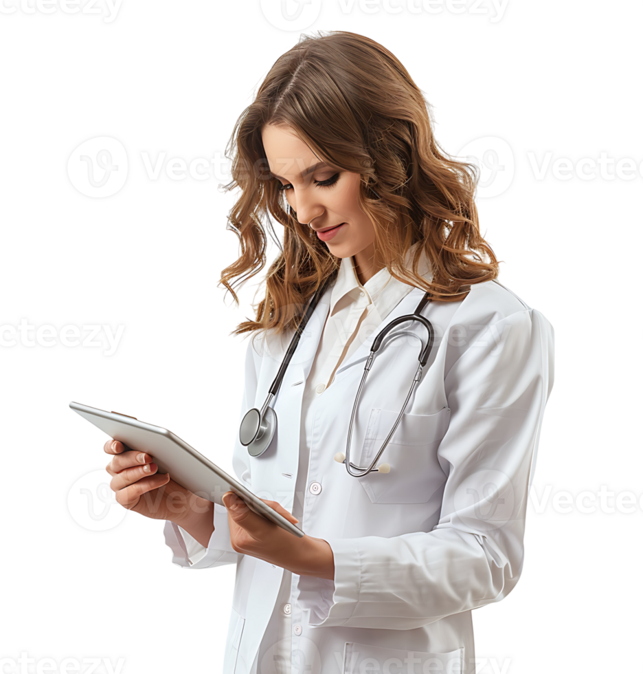 Confident female doctor using smartphone on isolated transparent background png