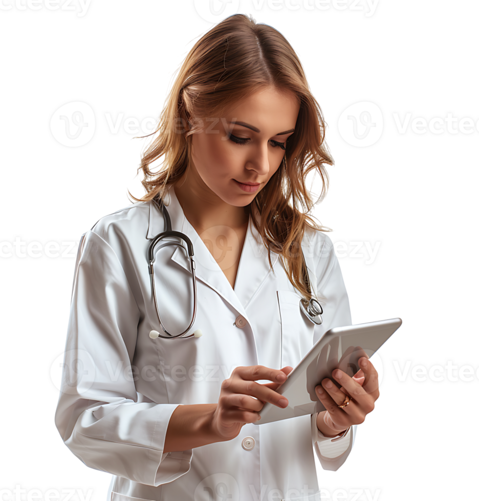 Confident female doctor using smartphone on isolated transparent background png