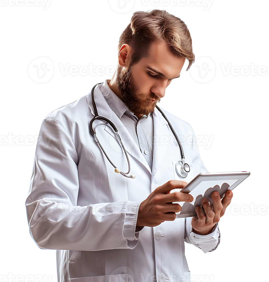 Confident male doctor using smartphone on isolated transparent background png