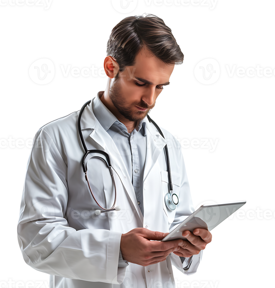 Confident male doctor using smartphone on isolated transparent background png
