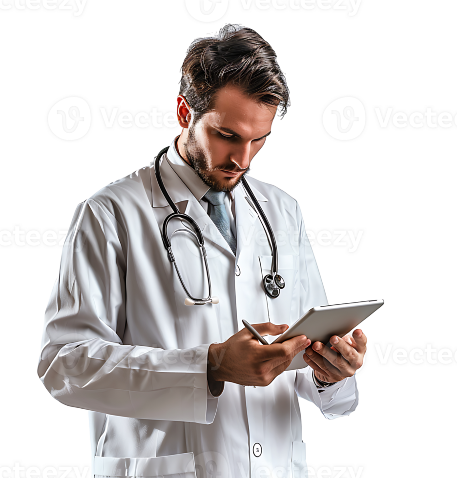 Confident male doctor using smartphone on isolated transparent background png