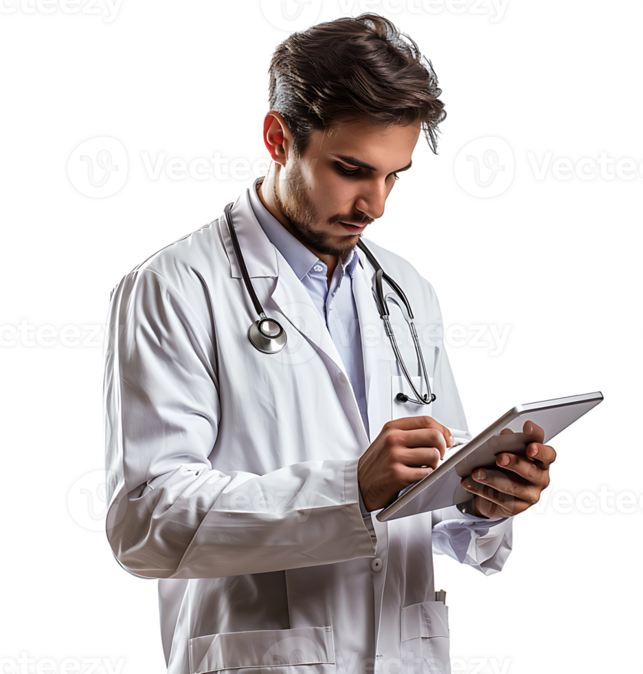 Confident male doctor using smartphone on isolated transparent background png