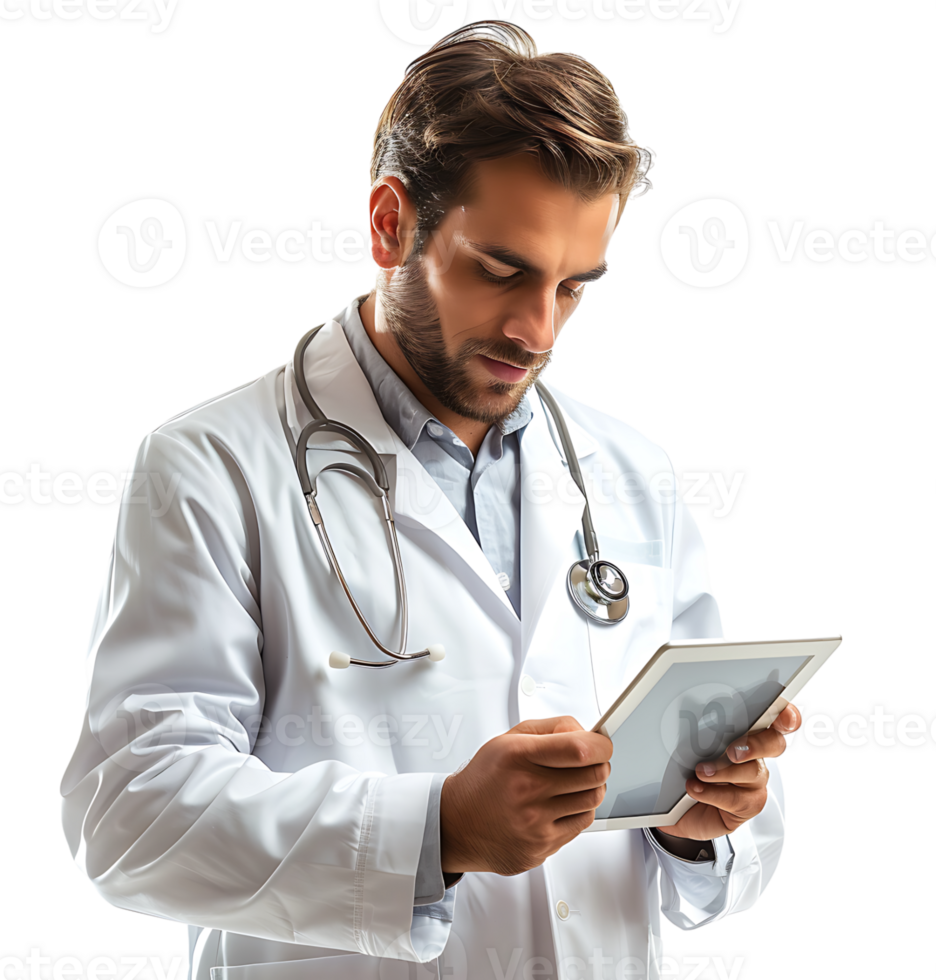 Confident male doctor using smartphone on isolated transparent background png
