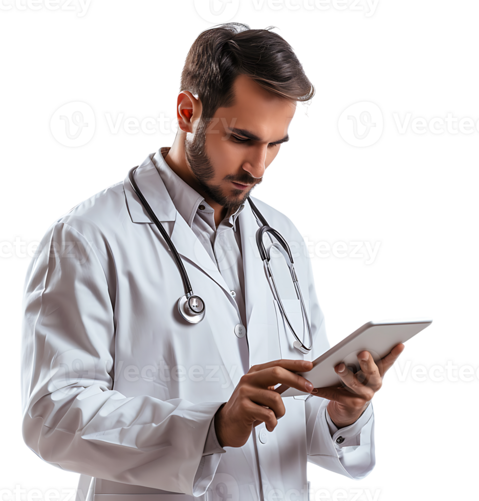 Confident male doctor using smartphone on isolated transparent background png
