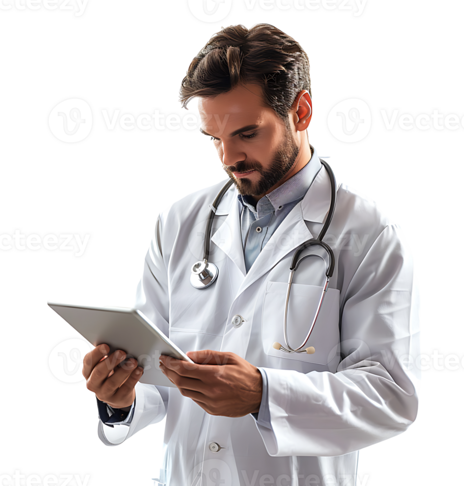 Confident male doctor using smartphone on isolated transparent background png
