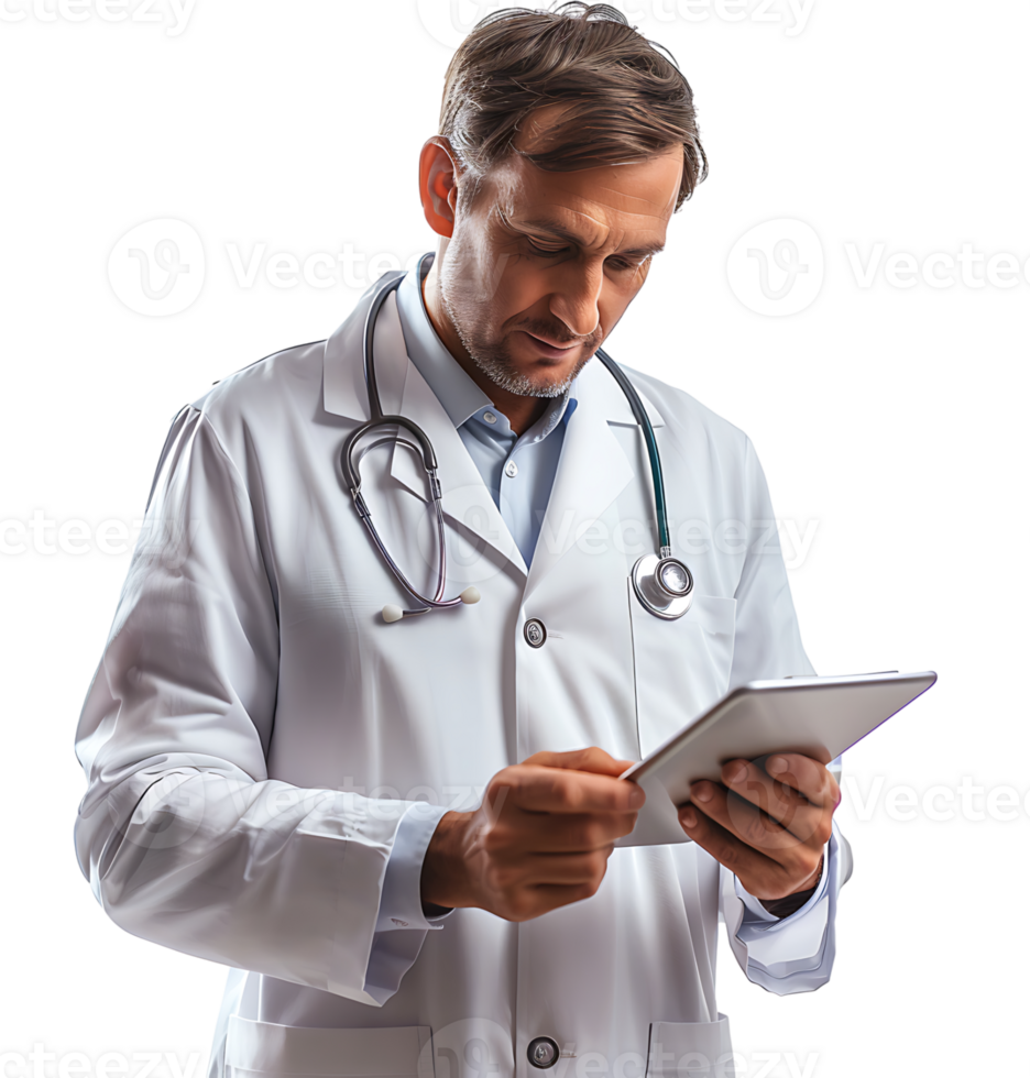 Confident male doctor using smartphone on isolated transparent background png