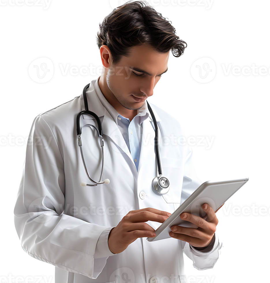 Confident male doctor using smartphone on isolated transparent background png