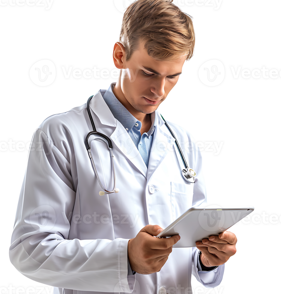 Confident male doctor using smartphone on isolated transparent background png