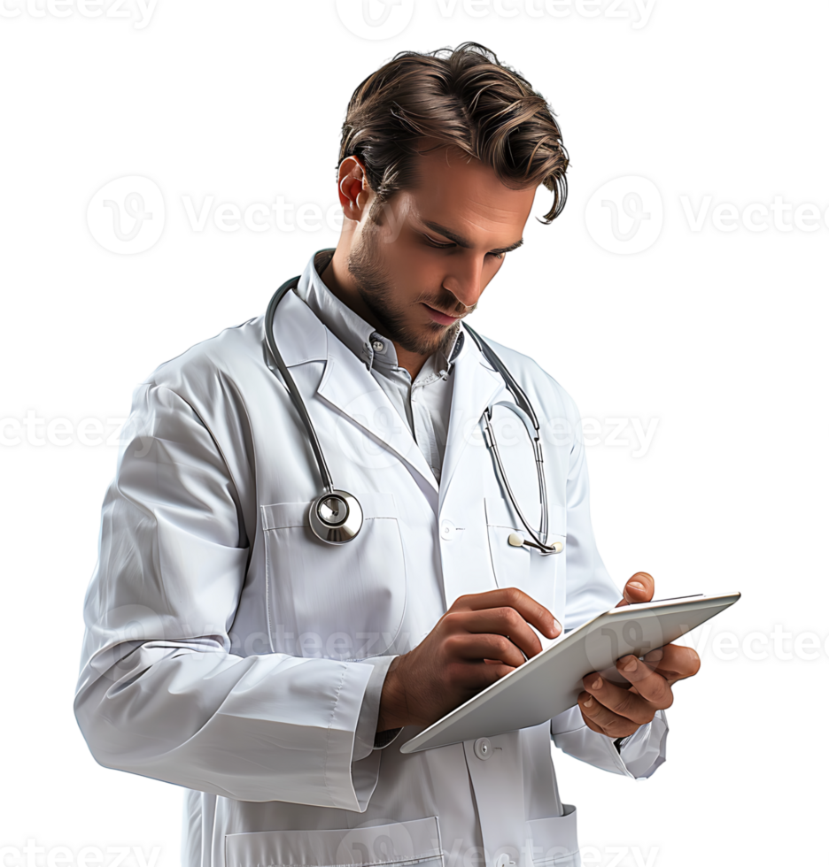 Confident male doctor using smartphone on isolated transparent background png