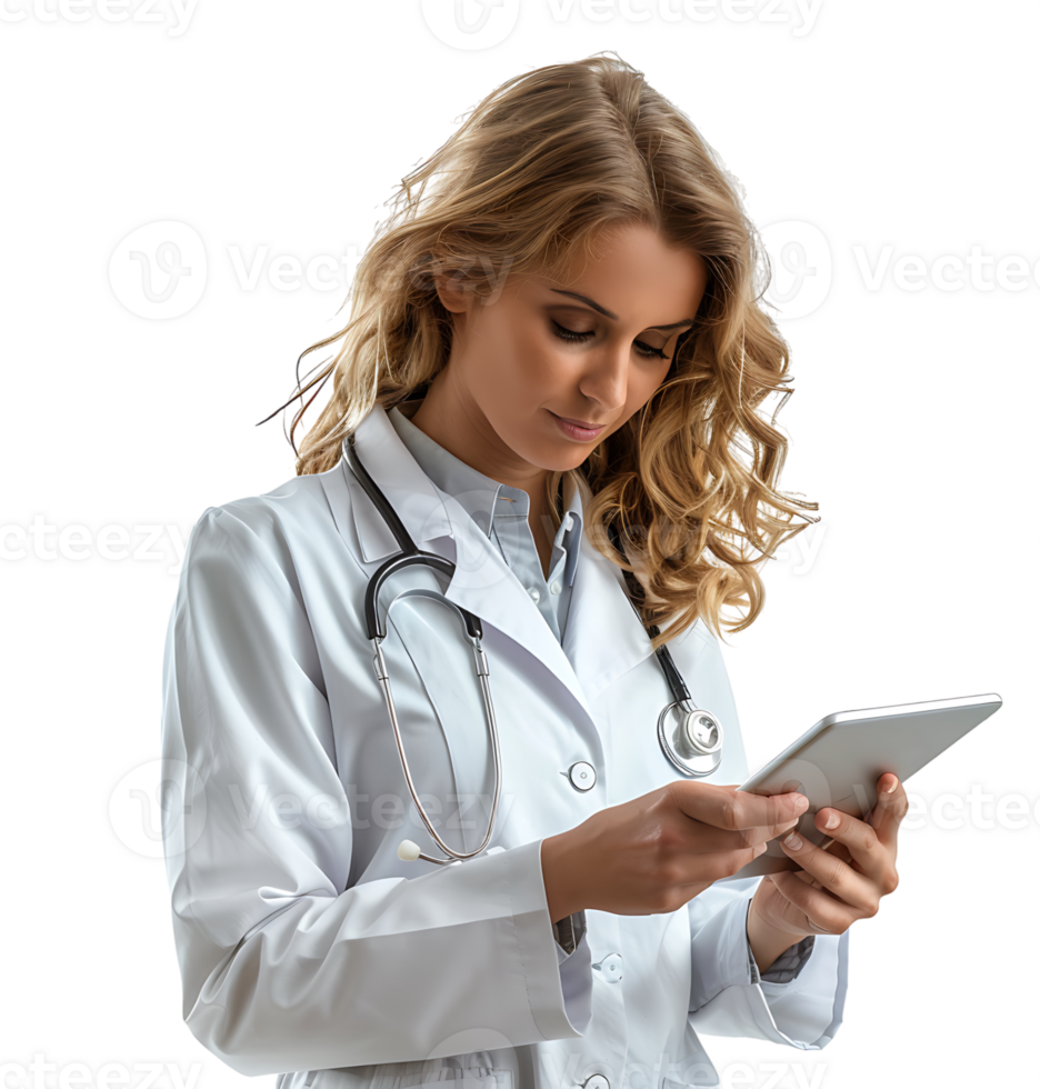 Confident female doctor using smartphone on isolated transparent background png