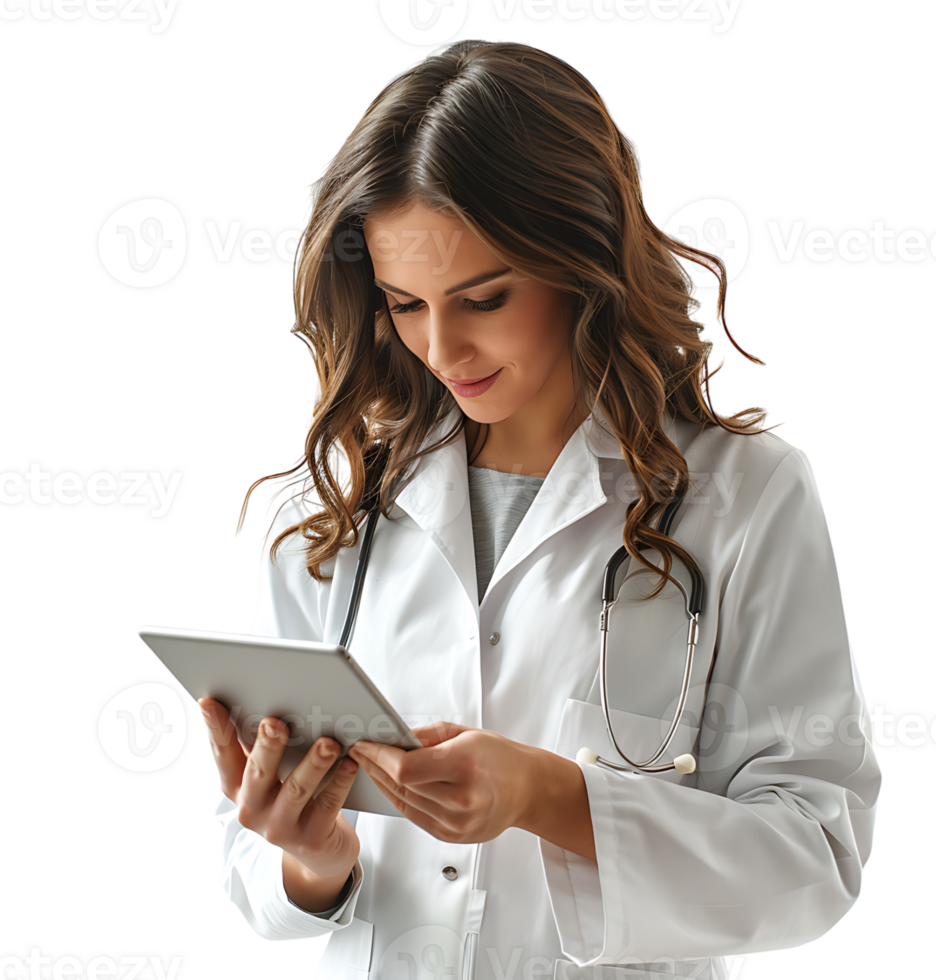 Confident female doctor using smartphone on isolated transparent background png