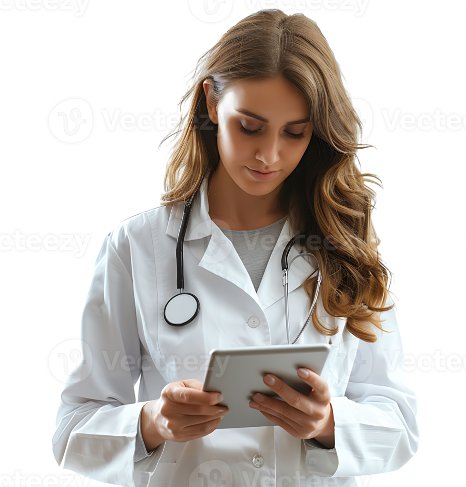 Confident female doctor using smartphone on isolated transparent background png