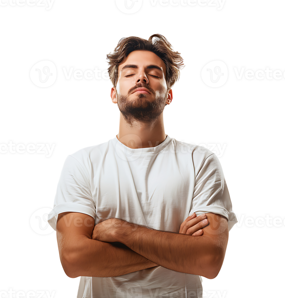 Yoga and meditation concept. Concentrated relaxed man standing meditation on isolated transparent background png