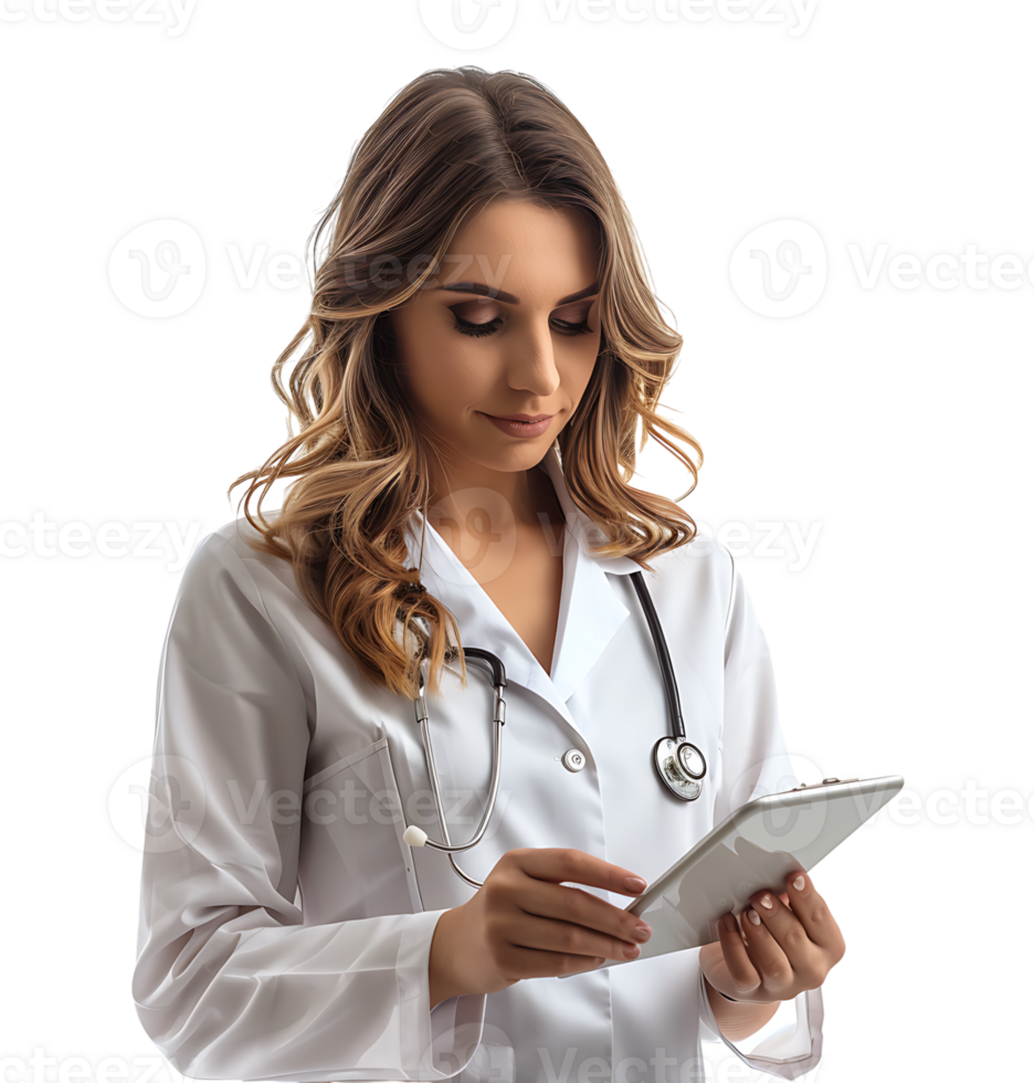 Confident female doctor using smartphone on isolated transparent background png