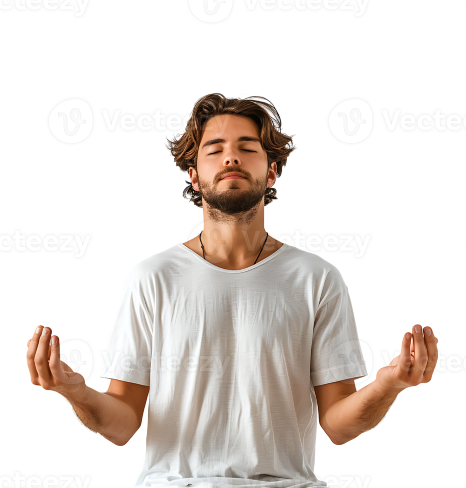 Yoga and meditation concept. Concentrated relaxed man standing meditation on isolated transparent background png