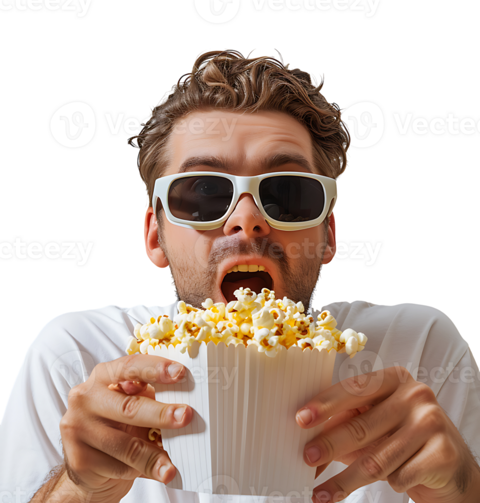 Exciting man holding bucket of popcorn on isolated transparent background png