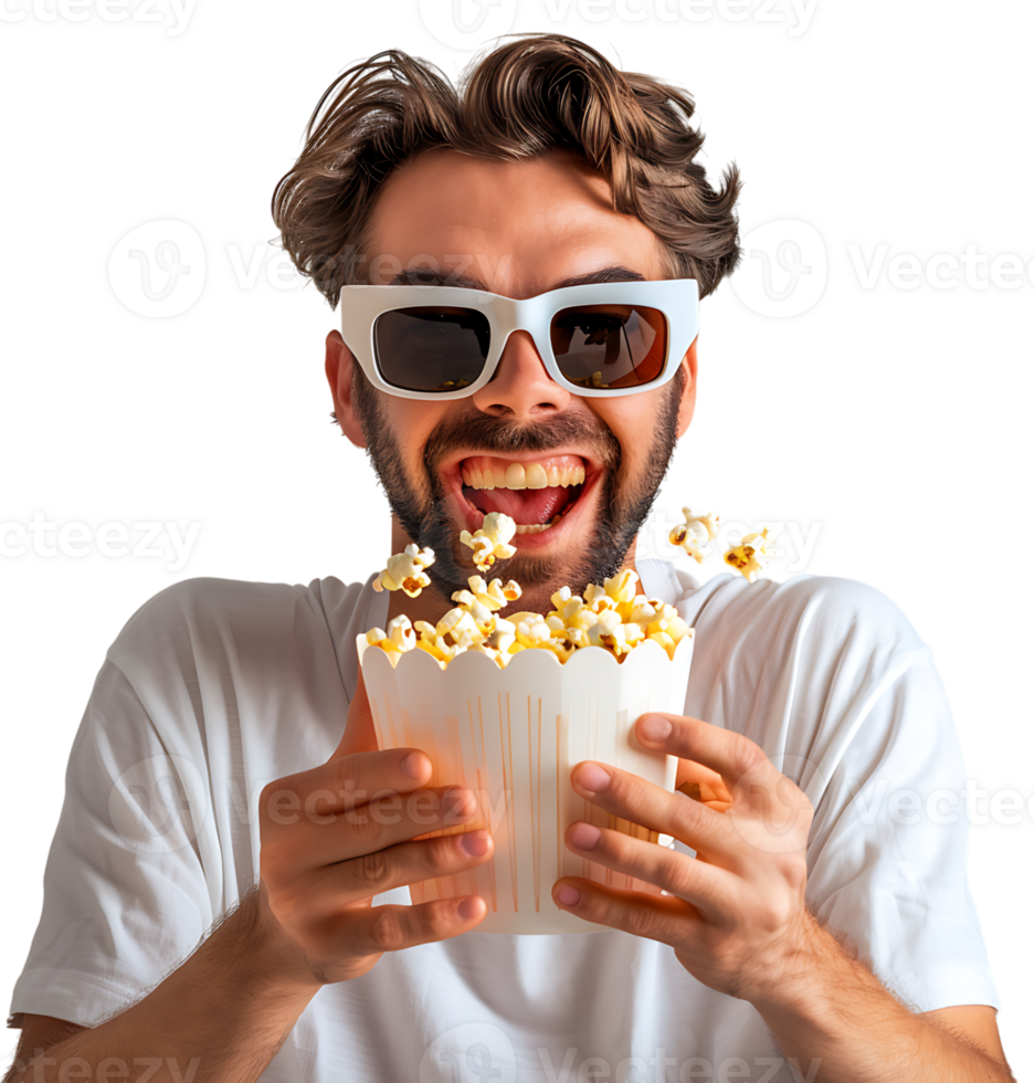 Exciting man holding bucket of popcorn on isolated transparent background png