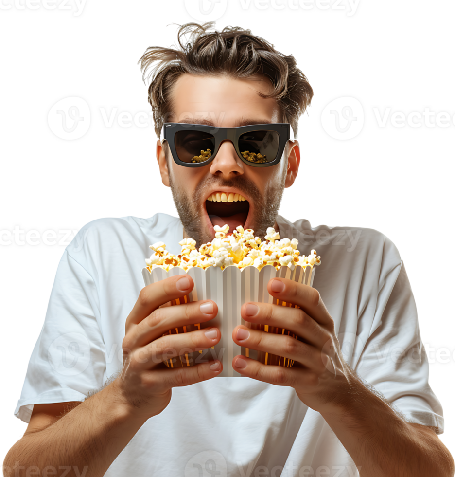 Exciting man holding bucket of popcorn on isolated transparent background png