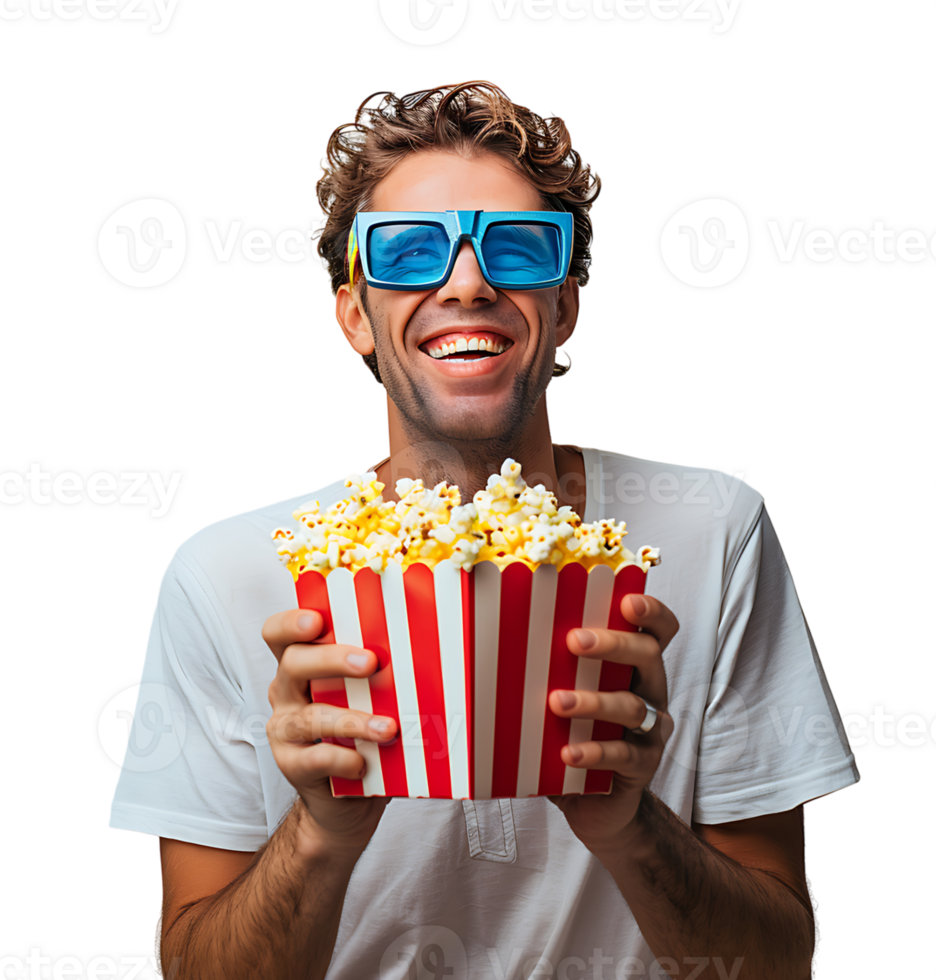 Exciting man holding bucket of popcorn on isolated transparent background png