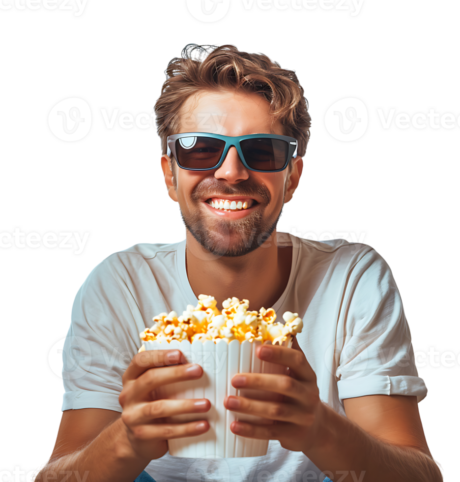 Exciting man holding bucket of popcorn on isolated transparent background png