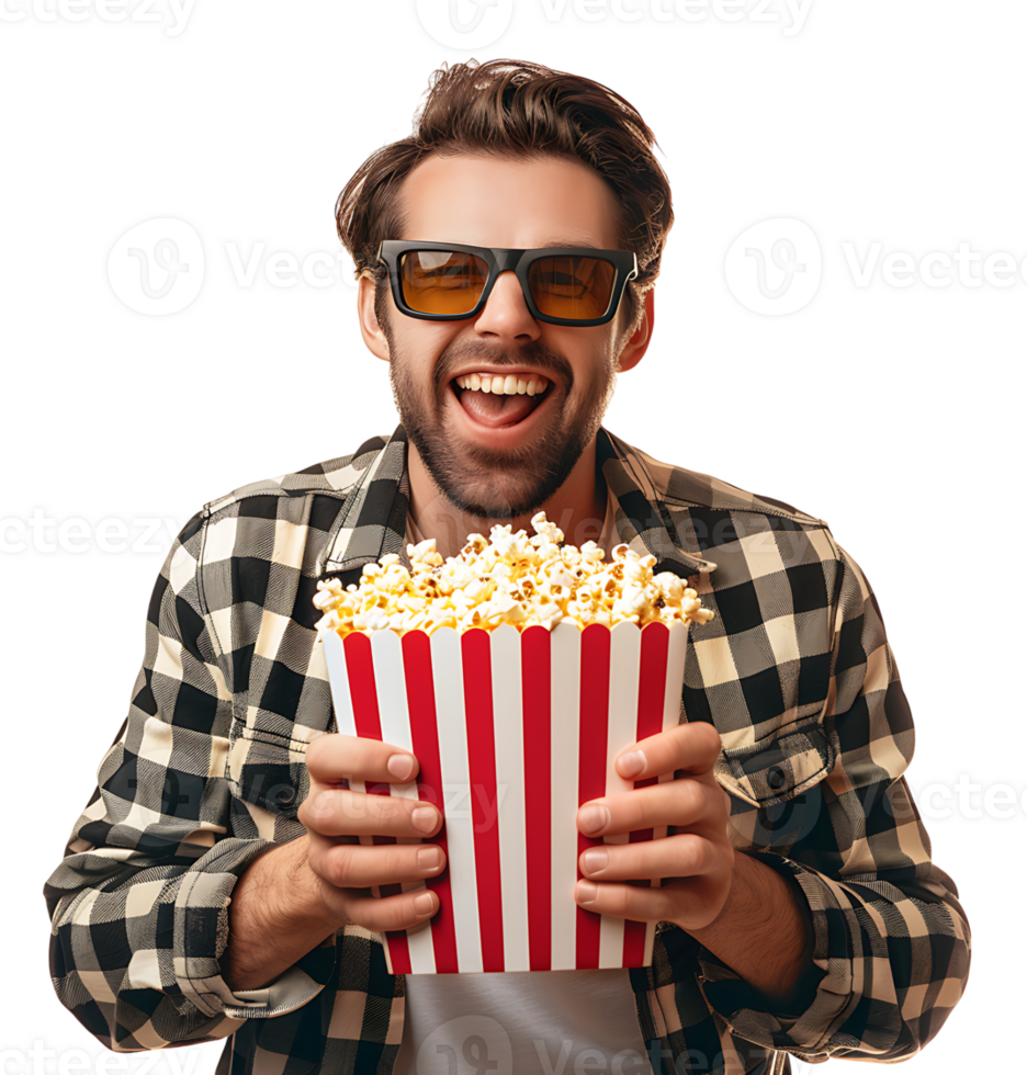 Exciting man holding bucket of popcorn on isolated transparent background png