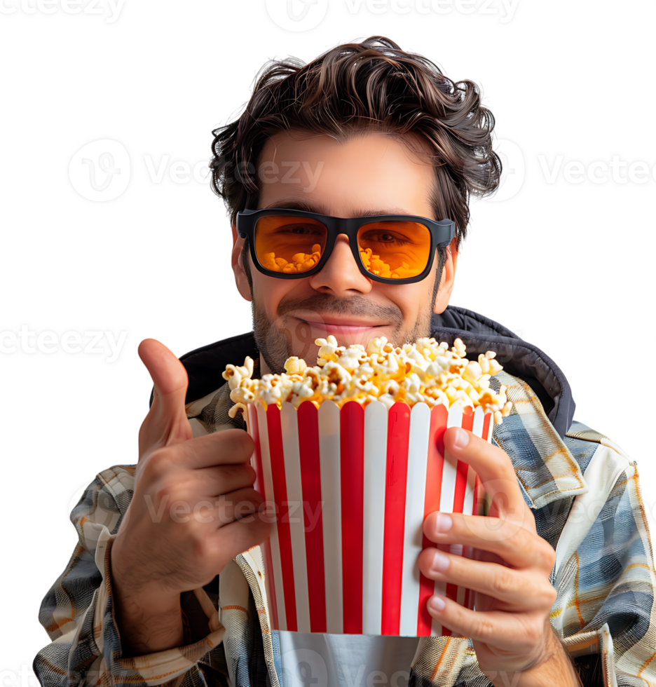 Exciting man holding bucket of popcorn on isolated transparent background png