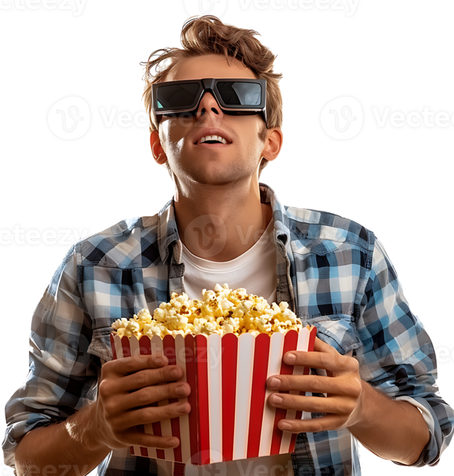 Exciting man holding bucket of popcorn on isolated transparent background png