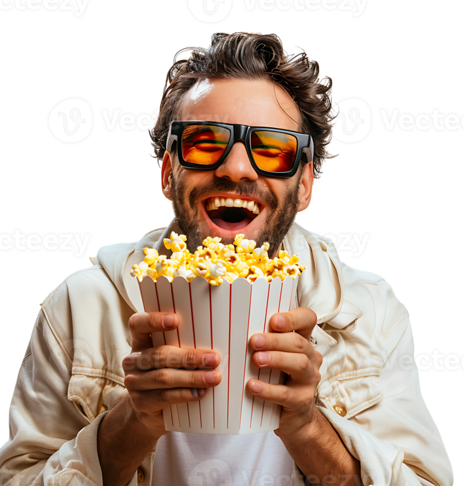 Exciting man holding bucket of popcorn on isolated transparent background png