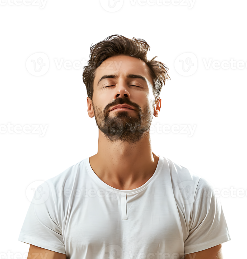 Yoga and meditation concept. Concentrated relaxed man standing meditation on isolated transparent background png