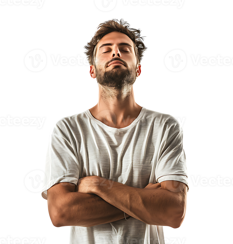 Yoga and meditation concept. Concentrated relaxed man standing meditation on isolated transparent background png