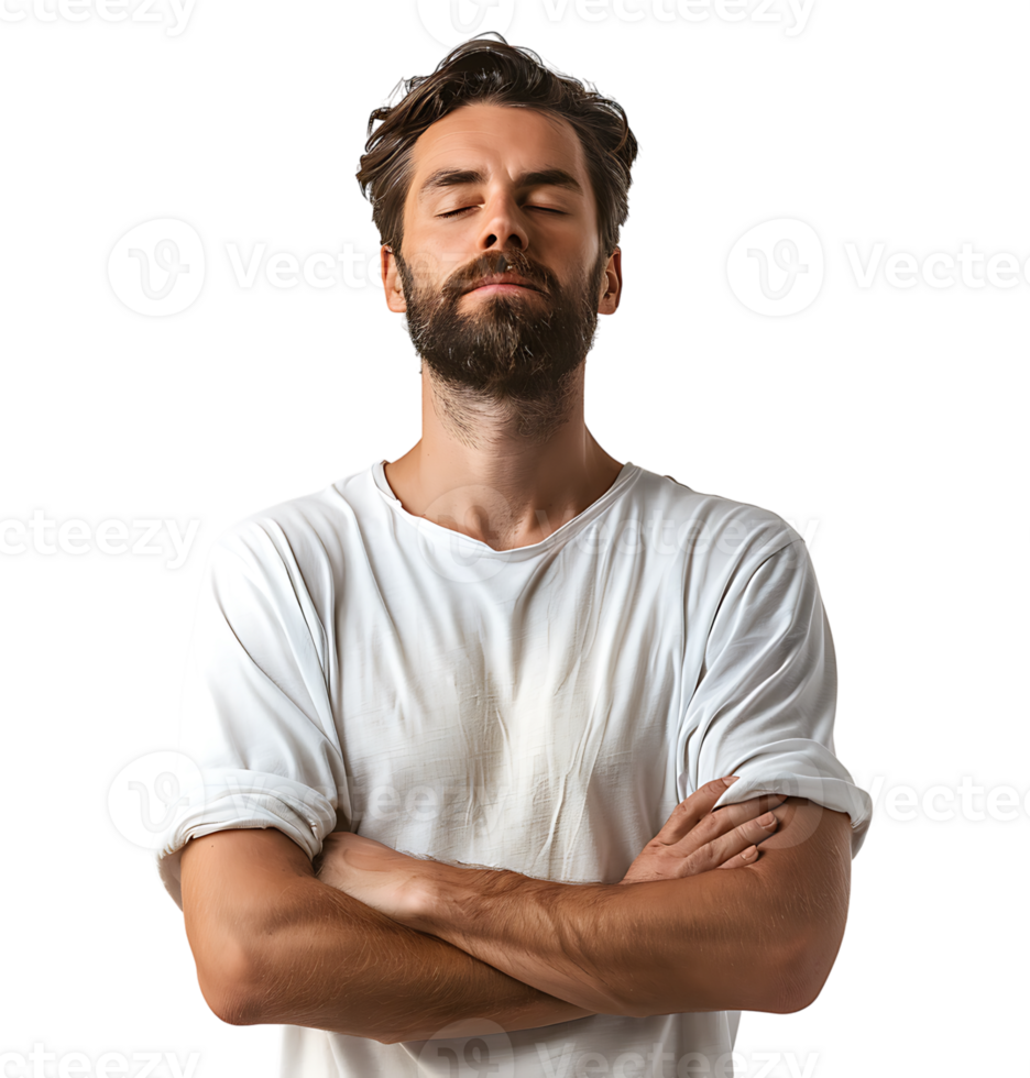 Yoga and meditation concept. Concentrated relaxed man standing meditation on isolated transparent background png