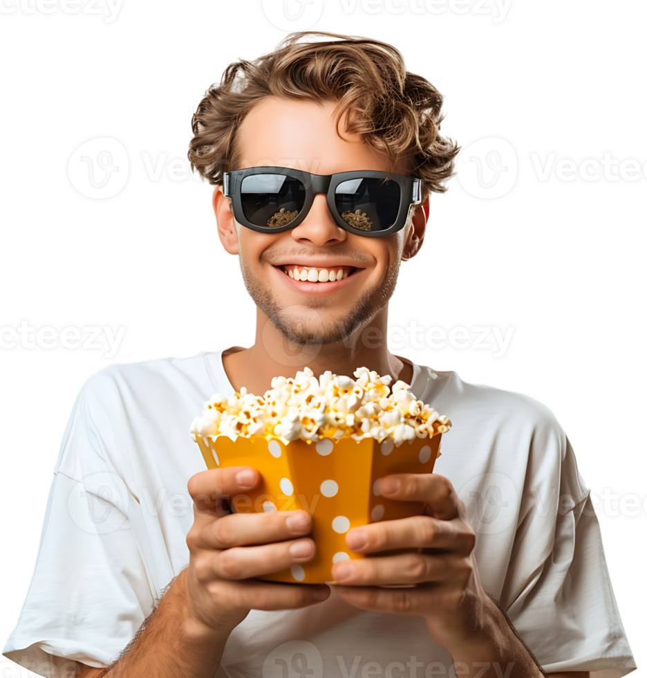 Exciting man holding bucket of popcorn on isolated transparent background png