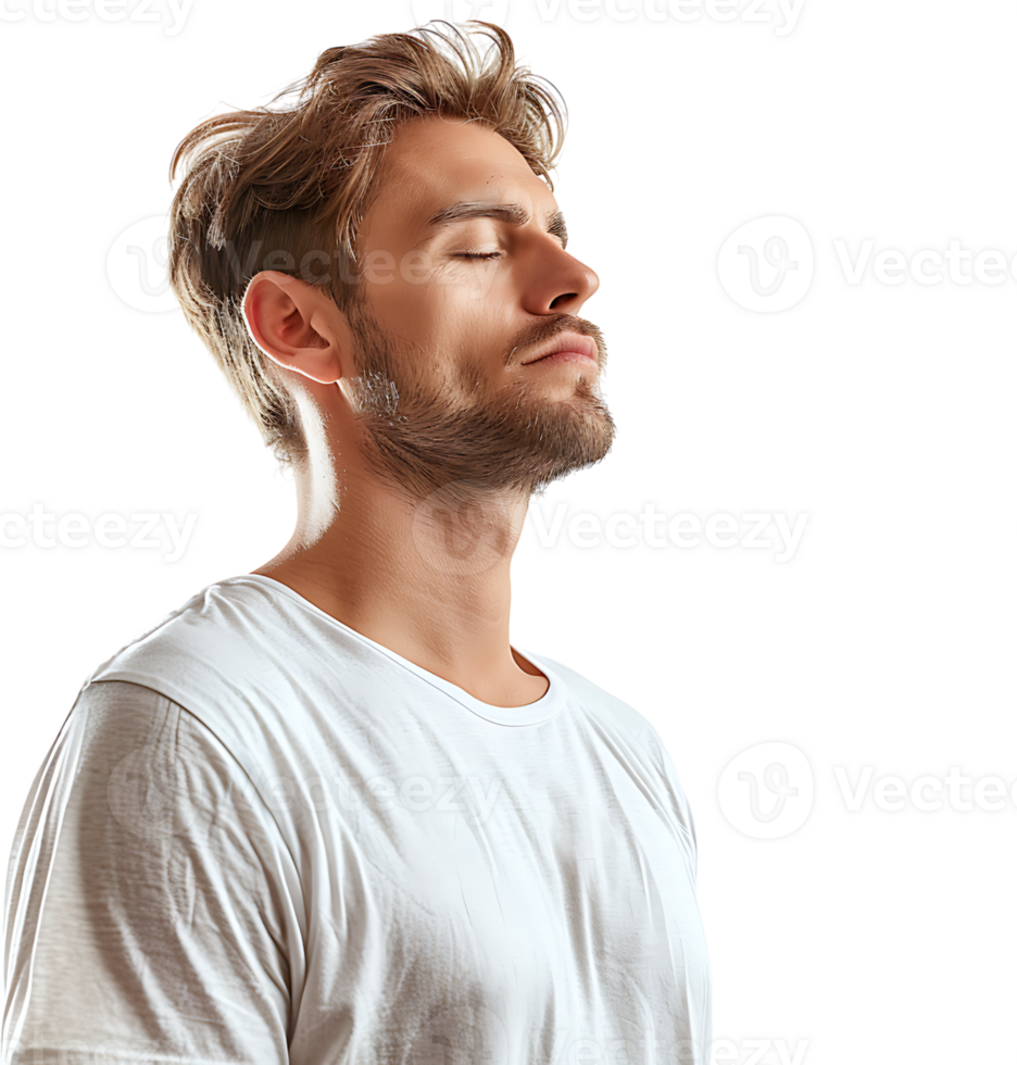 Yoga and meditation concept. Concentrated relaxed man standing meditation on isolated transparent background png