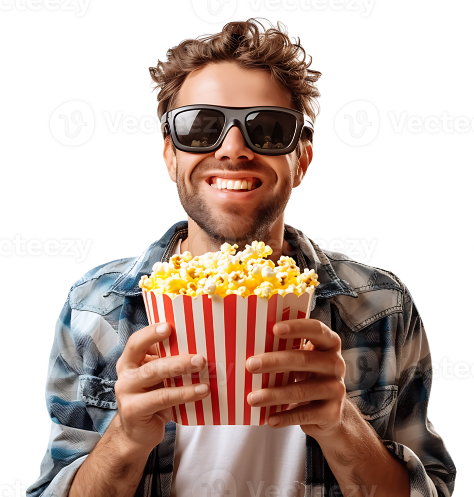 Exciting man holding bucket of popcorn on isolated transparent background png